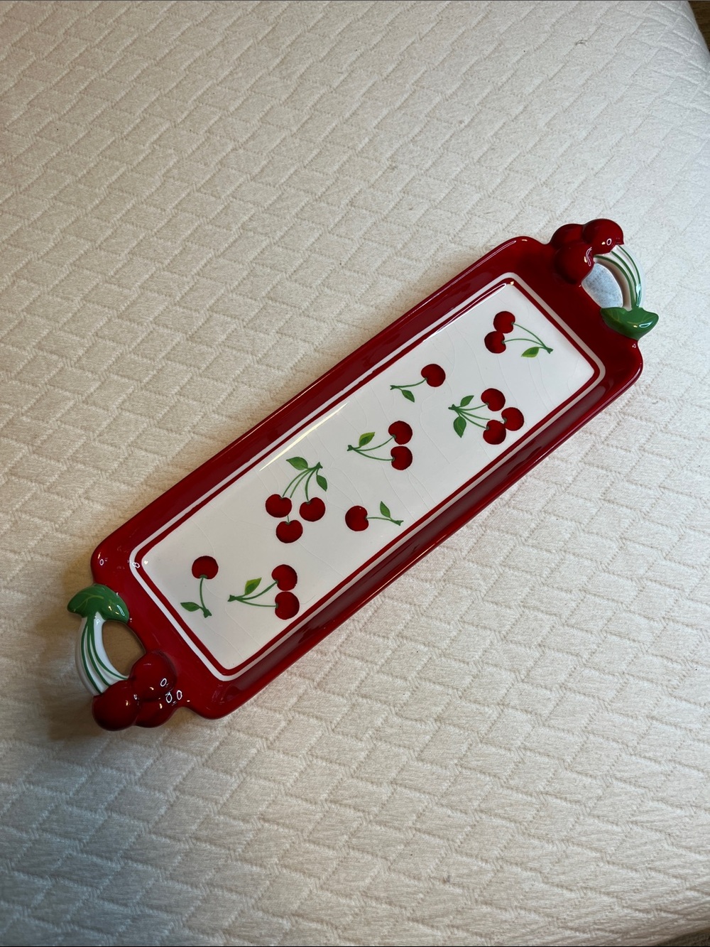 Cherry-Pattern Ceramic Serving Tray in Red and White